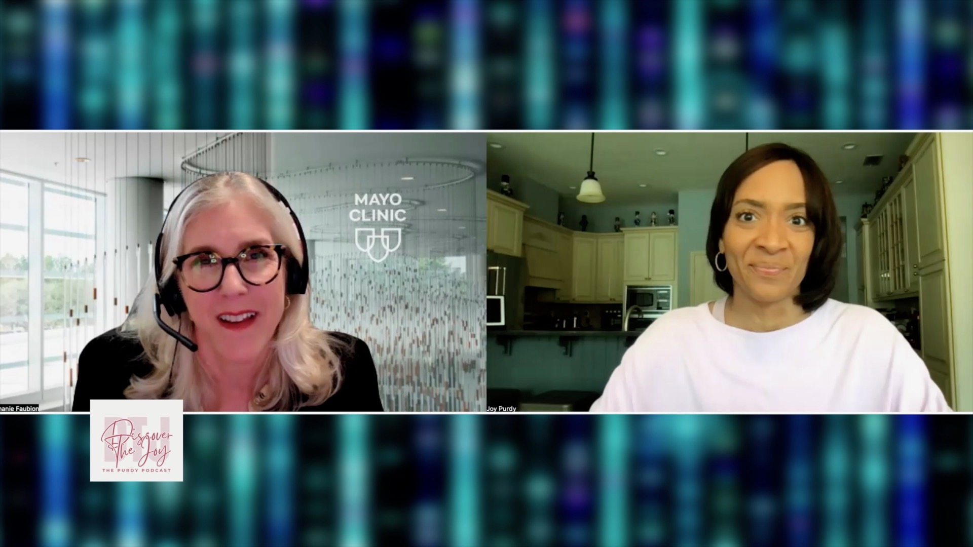 Joy Purdy and Dr. Stephanie Faubion discuss perimenopause and menopause myths, symptoms, and treatments over zoom for Discover the Joy: The Purdy Podcast.